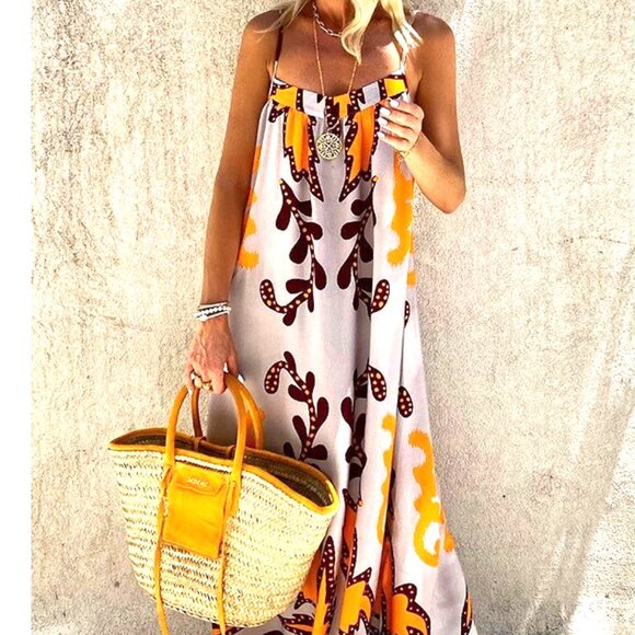 BROWN ORANGE AND PALE PINK LOOSE WHITE FLORAL HALTER BACK LACE MAXI DRESS - Picture 3 of 3